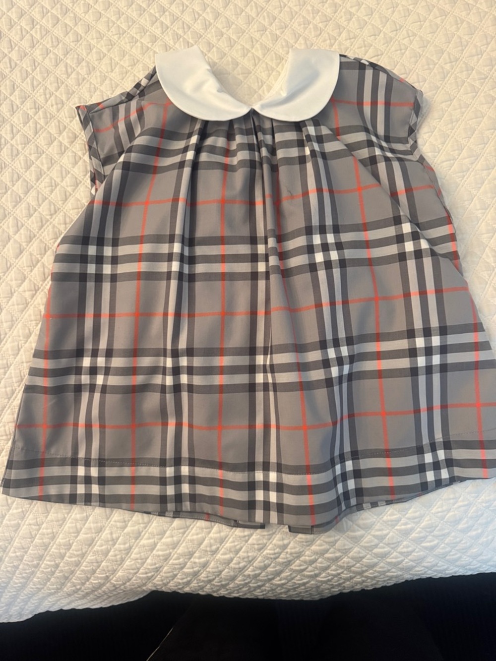 Girls Burberry Grey Plaid Peter Pan Collar Top